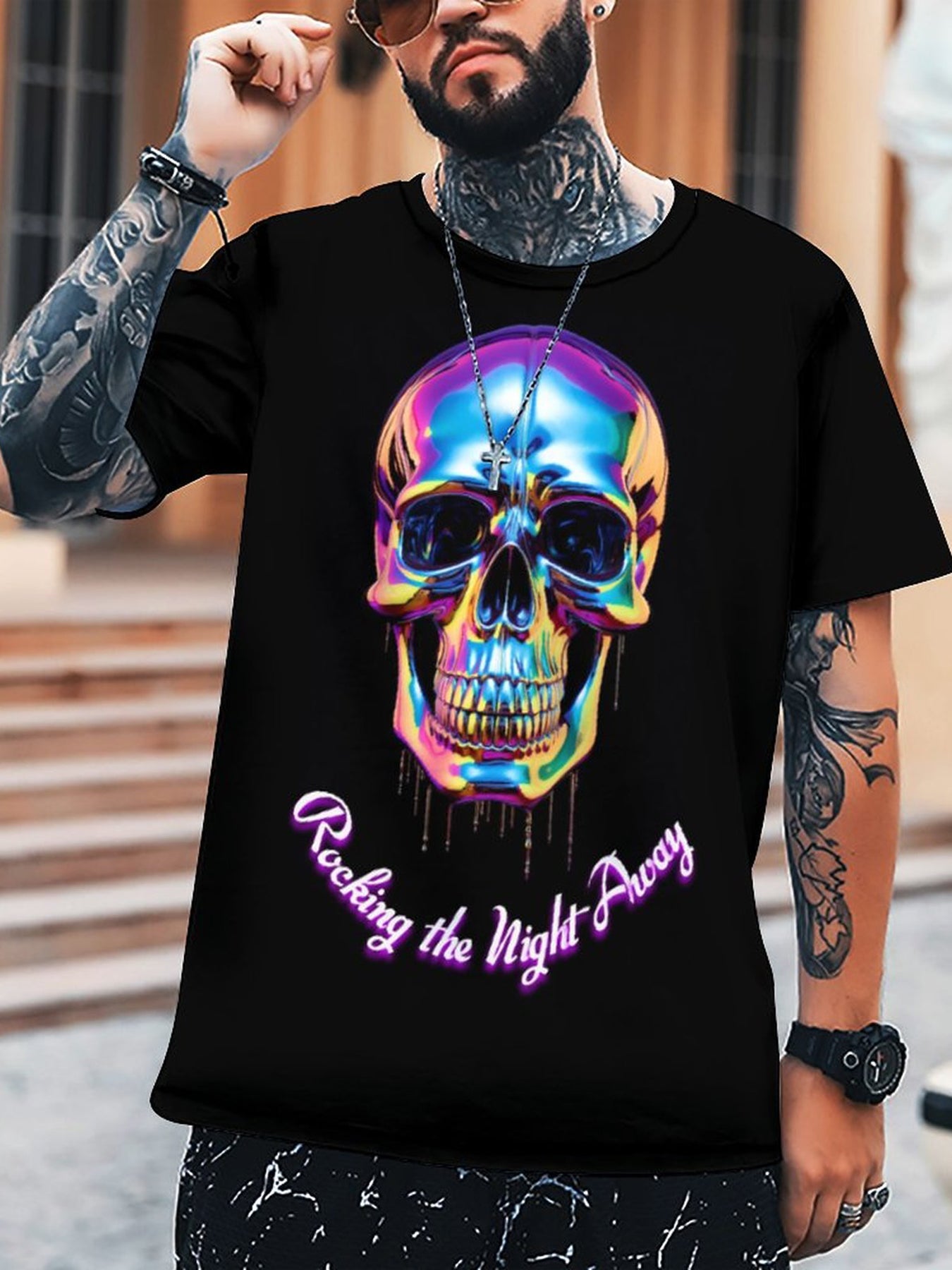Men's Iridescent Skull Graphic T-shirt Stretch Breathable Tee Summer