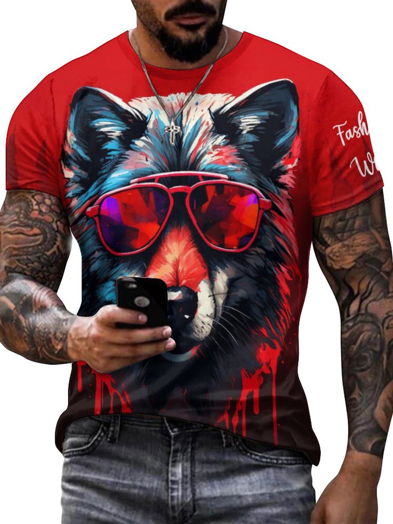 Men's Colorful Wolf Graphic Tee - Outdoor Casual Stretch T-shirt