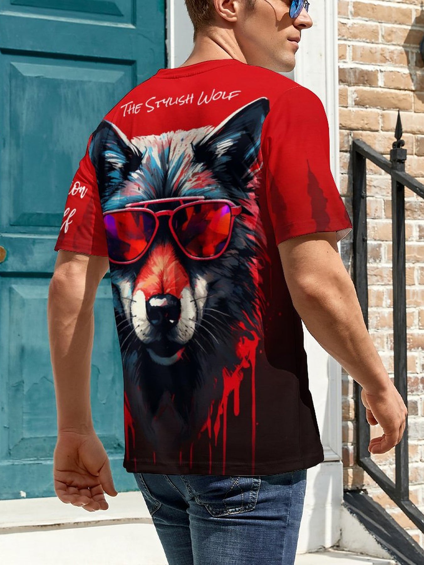 Men's Colorful Wolf Graphic Tee - Outdoor Casual Stretch T-shirt