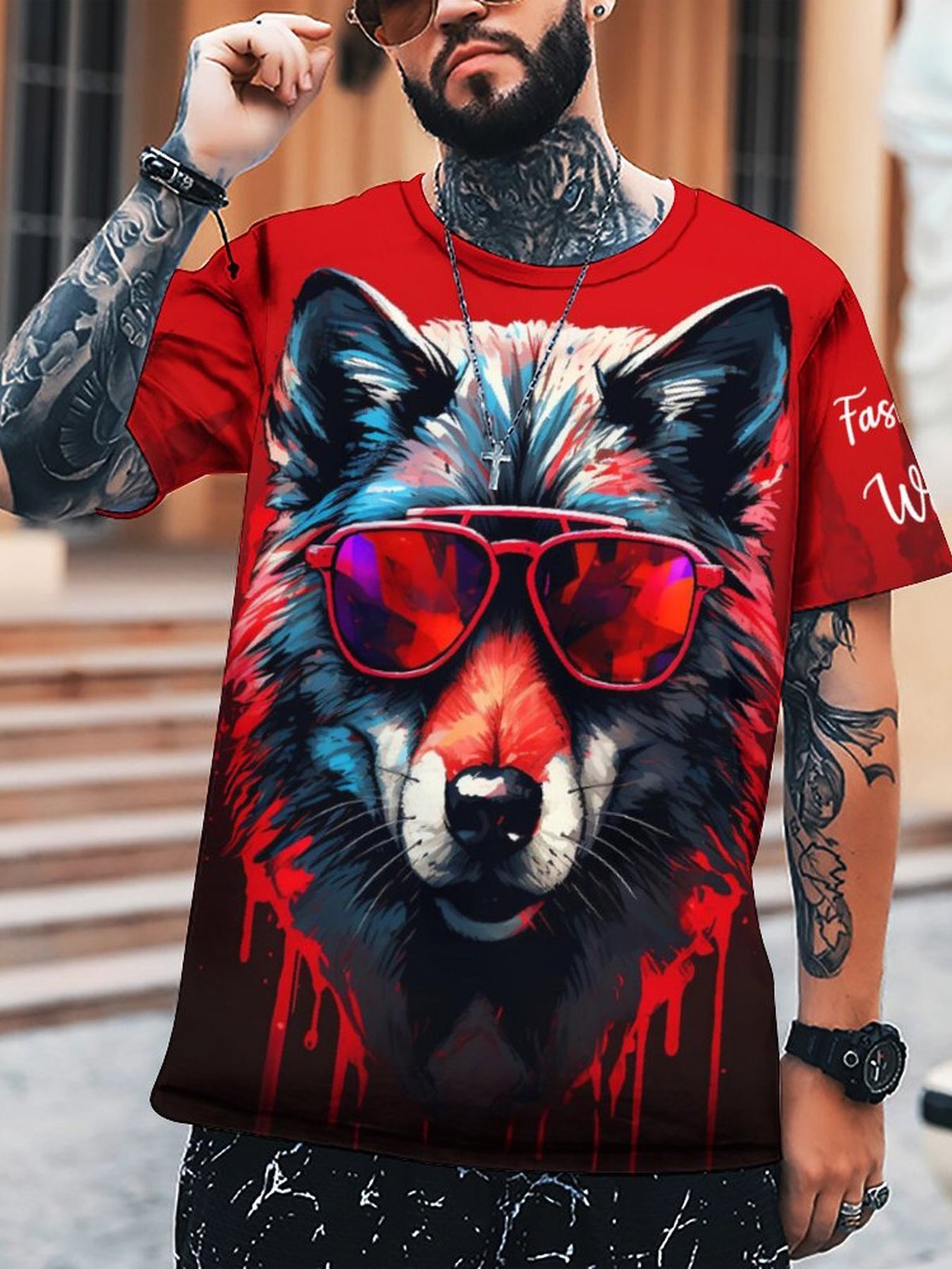 Men's Colorful Wolf Graphic Tee - Outdoor Casual Stretch T-shirt