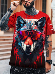 Men's Colorful Wolf Graphic Tee - Outdoor Casual Stretch T-shirt