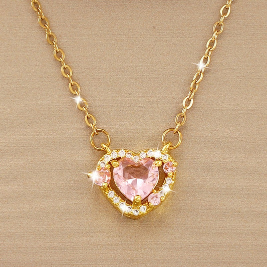 Girl's Pink Love Crystal Pendant Necklace Charm Jewelry