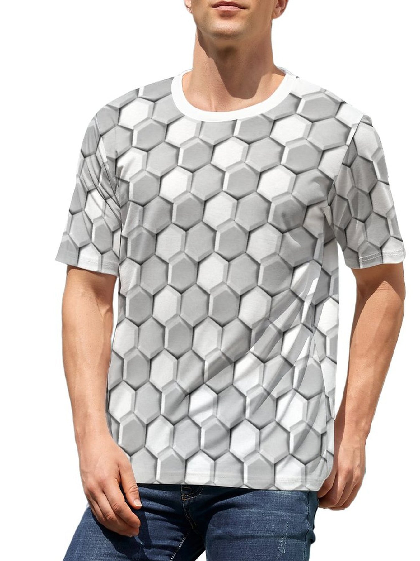 Men's 3D Geometry Print T shirt Active Crew Neck Tee