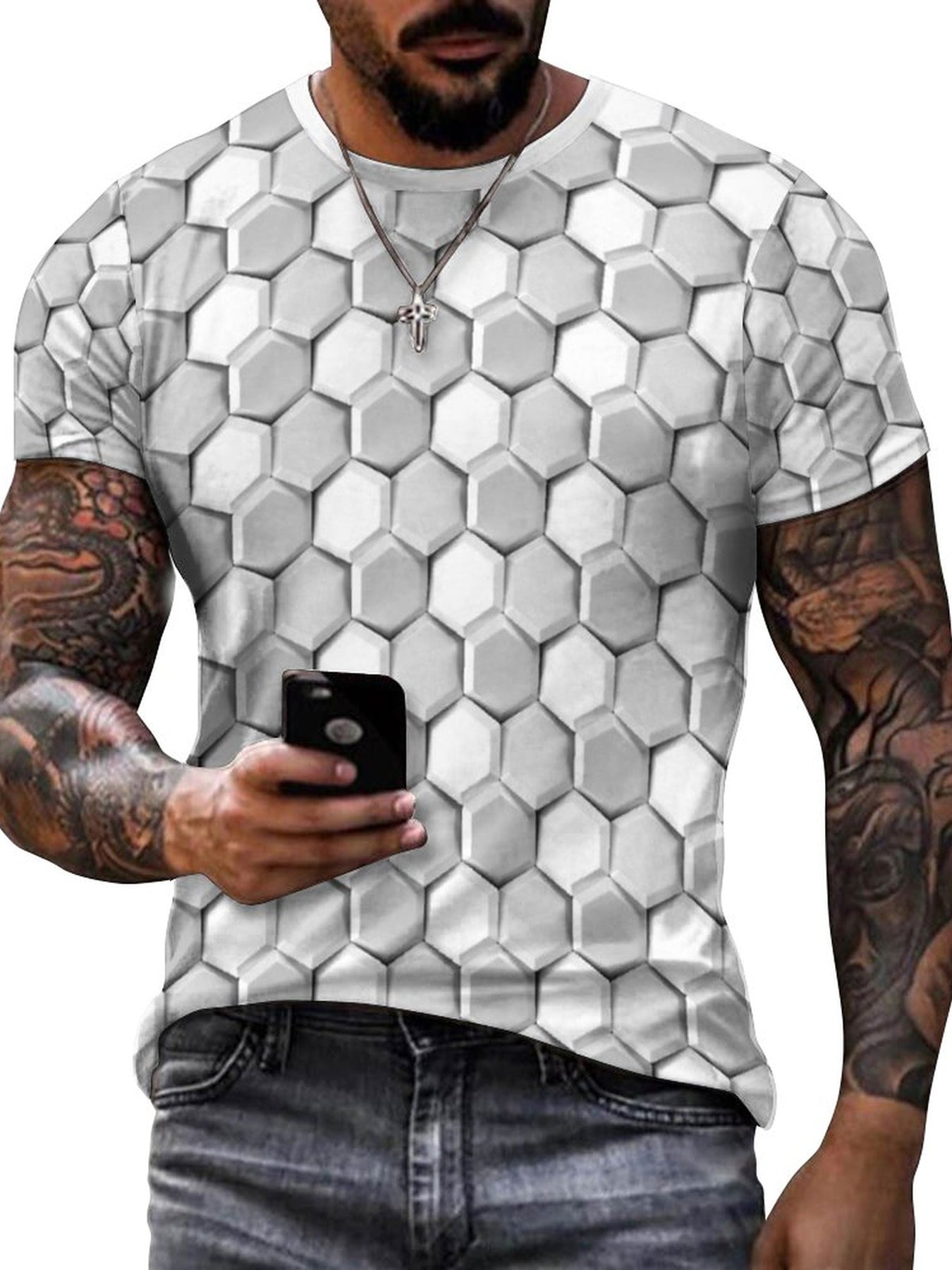 Men's 3D Geometry Print T shirt Active Crew Neck Tee