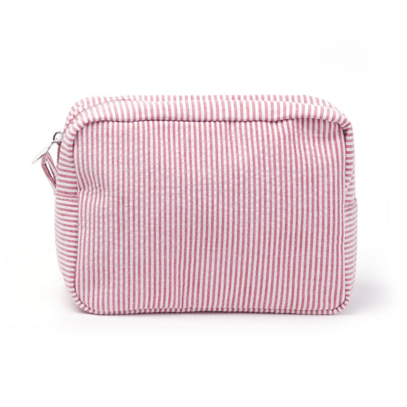 Seersucker Cosmetic Bag Roomy Makeup Pouch Travel Toiletry Case Zipper Closure