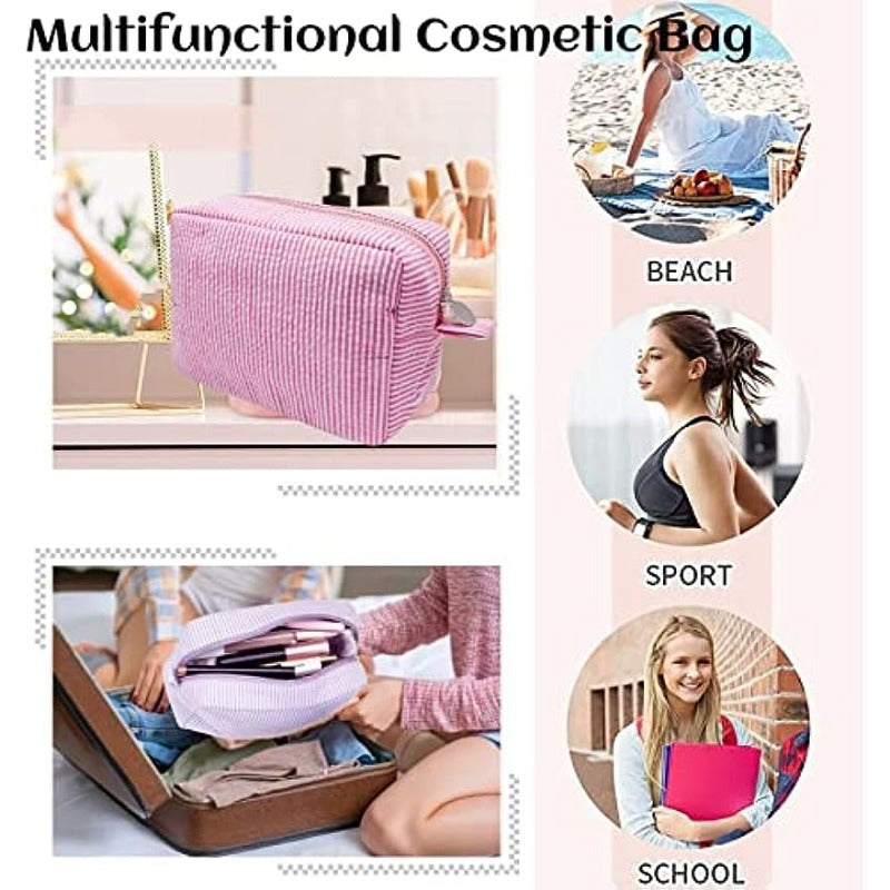 Seersucker Cosmetic Bag Roomy Makeup Pouch Travel Toiletry Case Zipper Closure