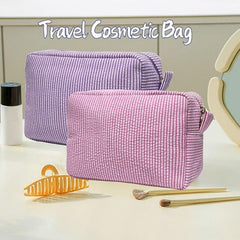 Seersucker Cosmetic Bag Roomy Makeup Pouch Travel Toiletry Case Zipper Closure