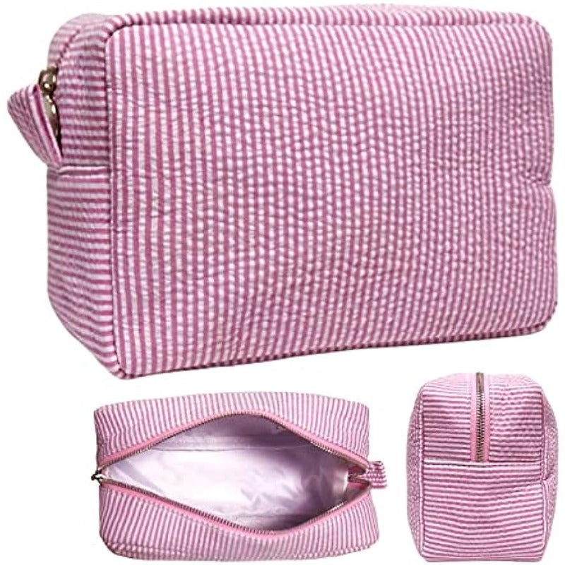 Seersucker Cosmetic Bag Roomy Makeup Pouch Travel Toiletry Case Zipper Closure