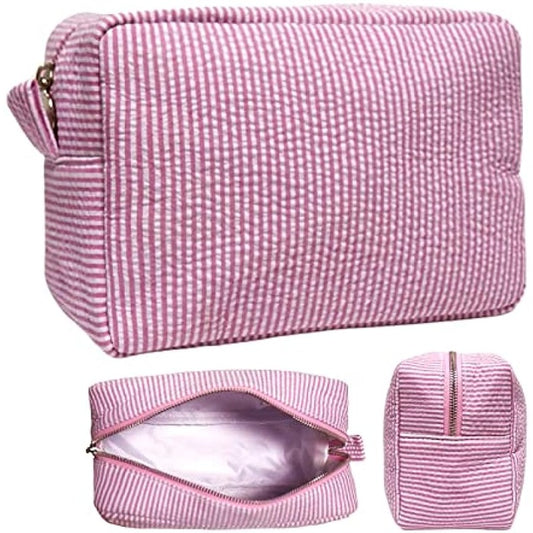 Seersucker Cosmetic Bag Roomy Makeup Pouch Travel Toiletry Case Zipper Closure