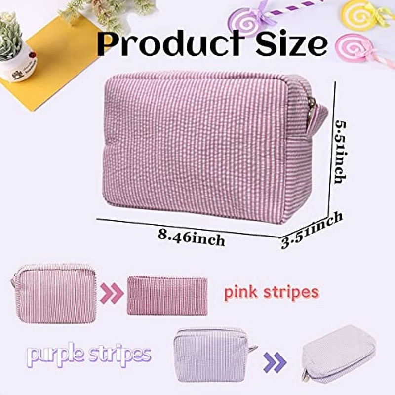 Seersucker Cosmetic Bag Roomy Makeup Pouch Travel Toiletry Case Zipper Closure