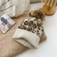 Winter Leopard Pattern Knit Hat Warm Pom Beanie