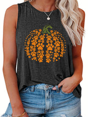  Casual Tank Top Women's Plus Pumpkin & Paw Print Round Neck Vest Top