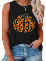  Casual Tank Top Women's Plus Pumpkin & Paw Print Round Neck Vest Top