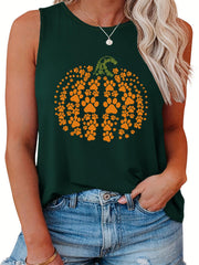  Casual Tank Top Women's Plus Pumpkin & Paw Print Round Neck Vest Top