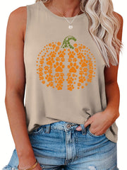  Casual Tank Top Women's Plus Pumpkin & Paw Print Round Neck Vest Top