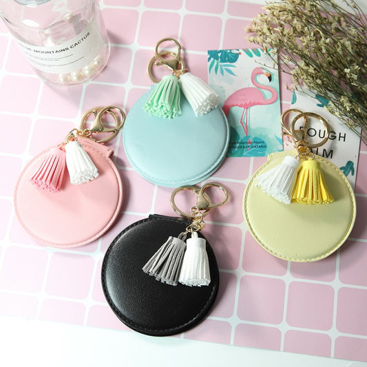 PU Leather Folding Makeup Mirror Keychain Small Cosmetic Touch up Mirror Tassel