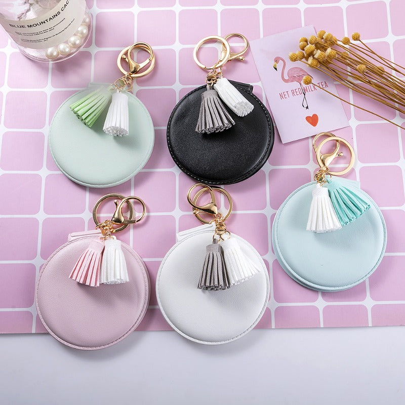 PU Leather Folding Makeup Mirror Keychain Small Cosmetic Touch up Mirror Tassel