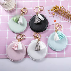 PU Leather Folding Makeup Mirror Keychain Small Cosmetic Touch up Mirror Tassel