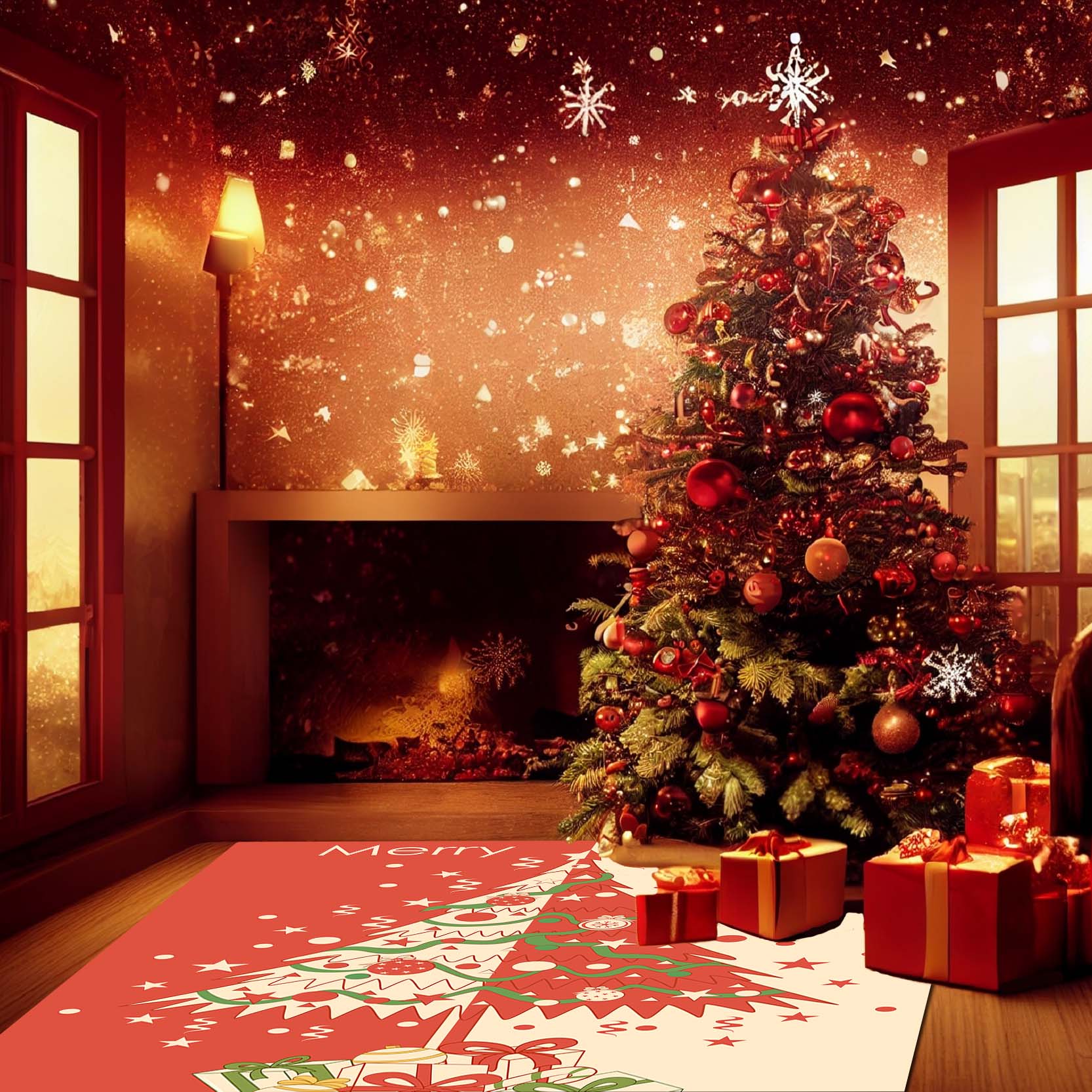 Merry Christmas Party Rug - Christmas Tree Printed Living Room Bedroom Rug