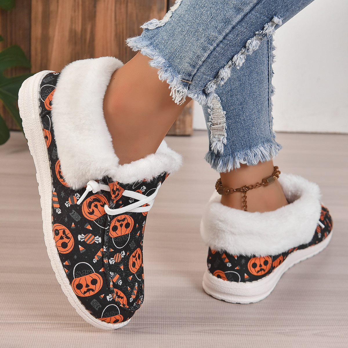 Women's Pumpkin Lace-up Canvas Shoes Low Top Slip-on Flats