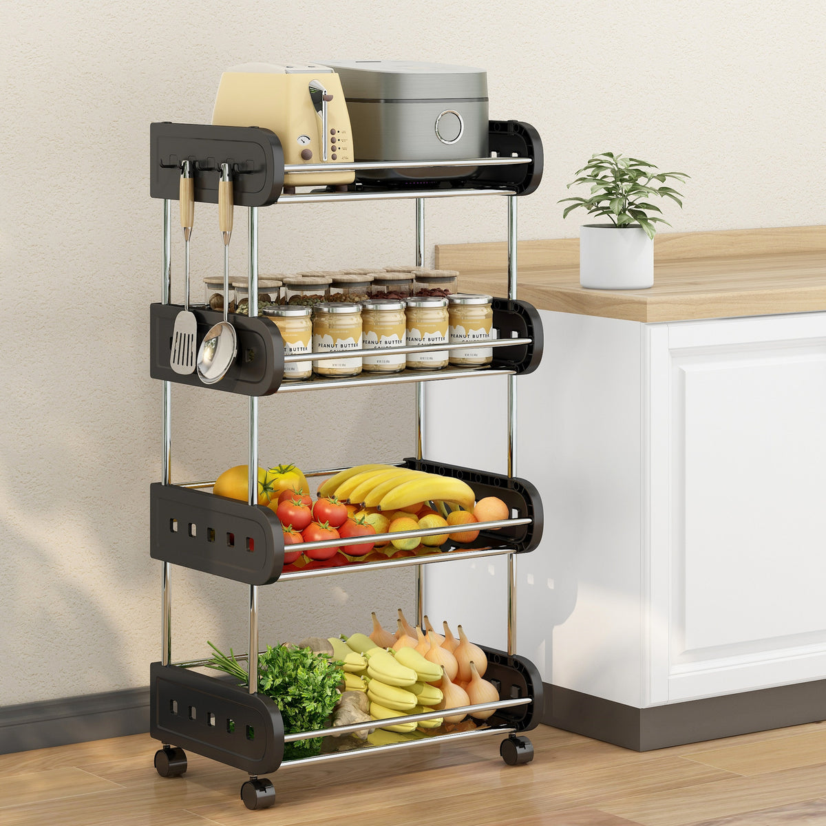 2 Tier Fruit Storage Basket Rolling Stackable Utility Cart