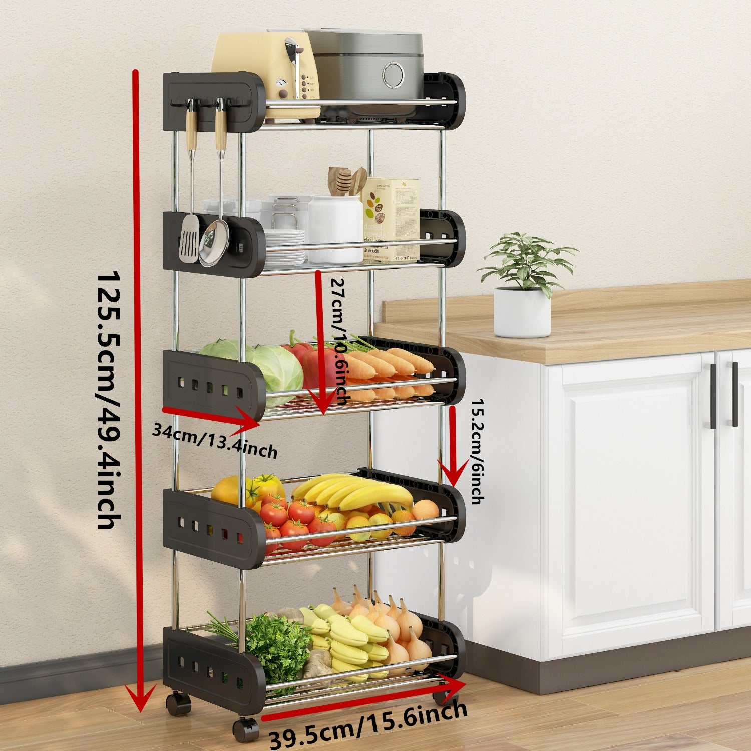 2 Tier Fruit Storage Basket Rolling Stackable Utility Cart