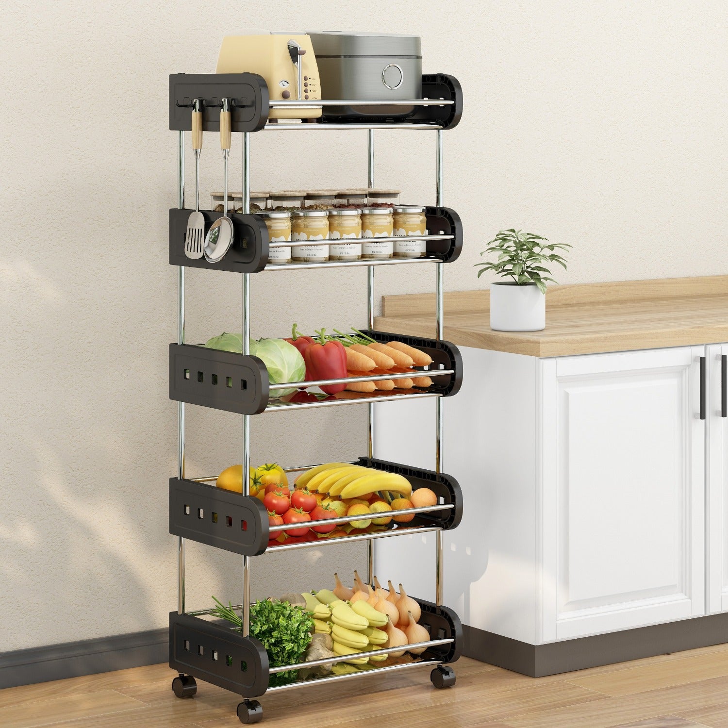 2 Tier Fruit Storage Basket Rolling Stackable Utility Cart