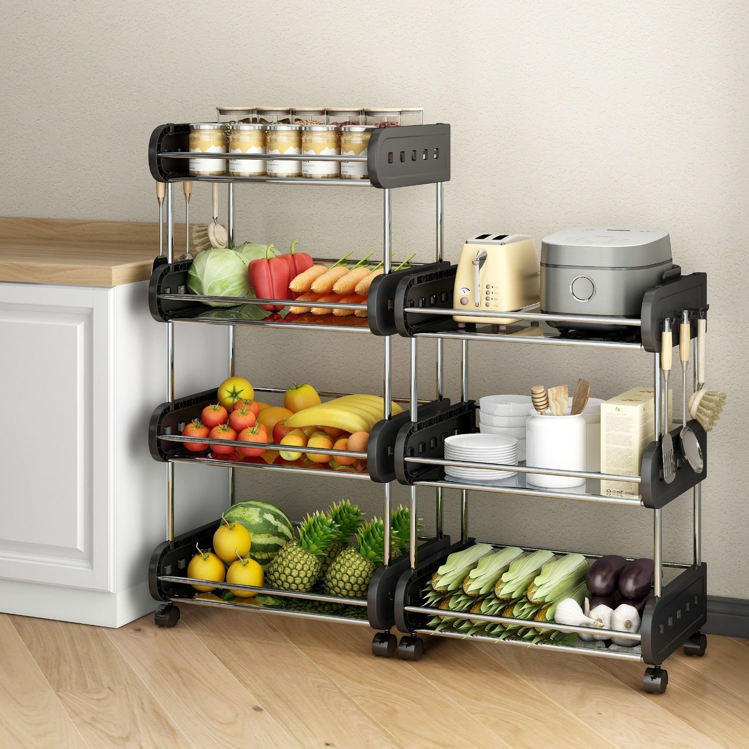 2 Tier Fruit Storage Basket Rolling Stackable Utility Cart