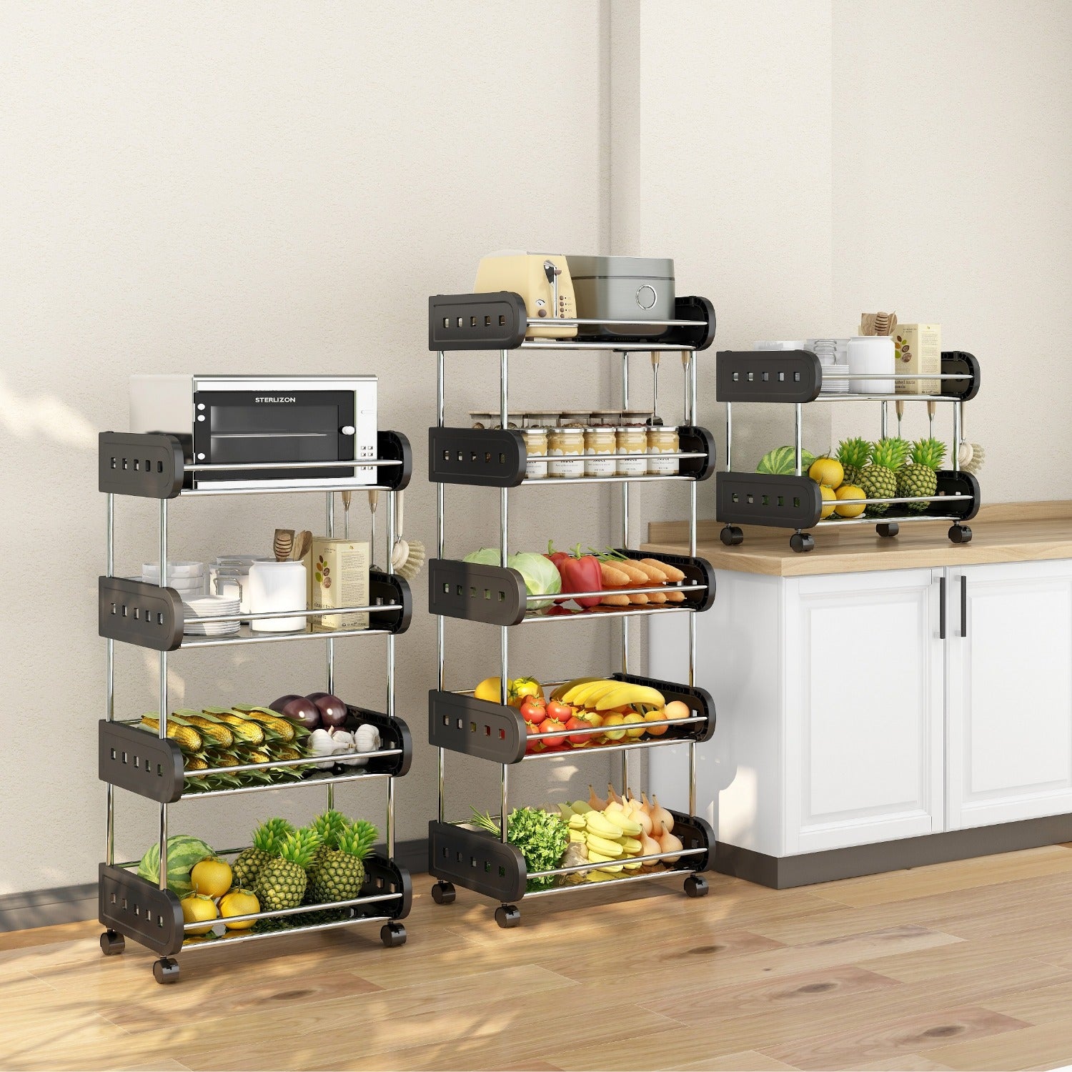 2 Tier Fruit Storage Basket Rolling Stackable Utility Cart