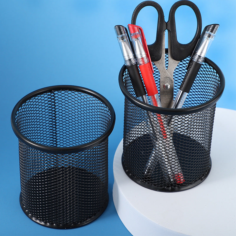 Metal Pen Holder Round Wrought Iron Hollow Desktop Storage Bucket