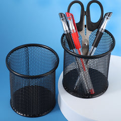 Metal Pen Holder Round Wrought Iron Hollow Desktop Storage Bucket