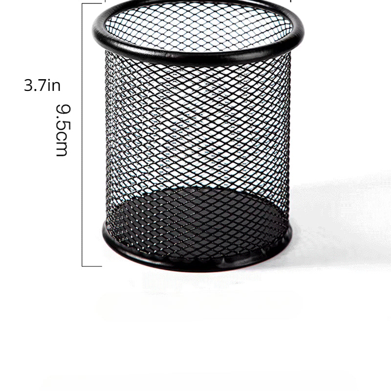 Metal Pen Holder Round Wrought Iron Hollow Desktop Storage Bucket