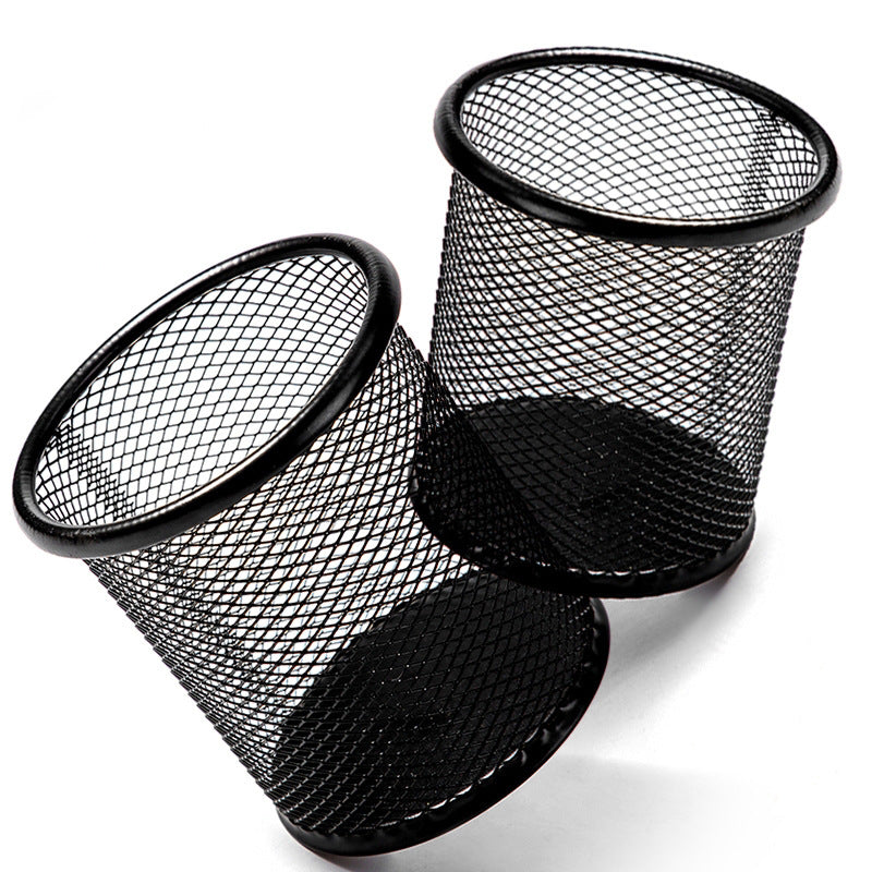 Metal Pen Holder Round Wrought Iron Hollow Desktop Storage Bucket