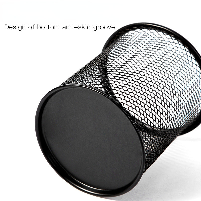Metal Pen Holder Round Wrought Iron Hollow Desktop Storage Bucket