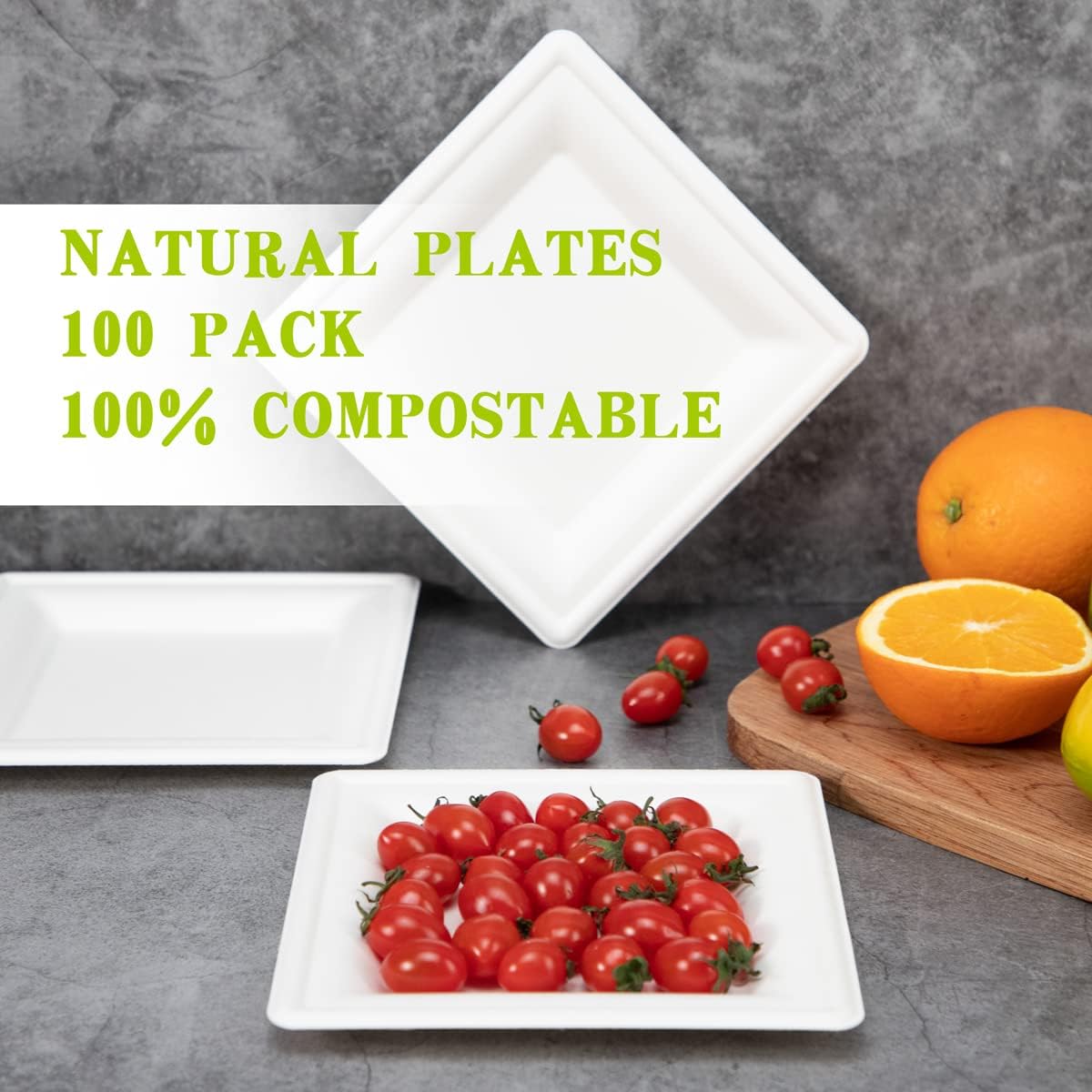 50Pcs 15 Square Biodegradable Plates Heavy Duty Nature By Sugar Cane Fibers