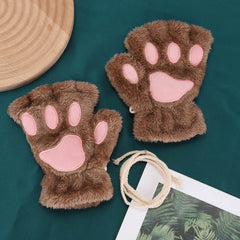 Girls Cat's Paw Gloves Soft Plush Half Finger Gloves Winter Warm Keeping Gloves