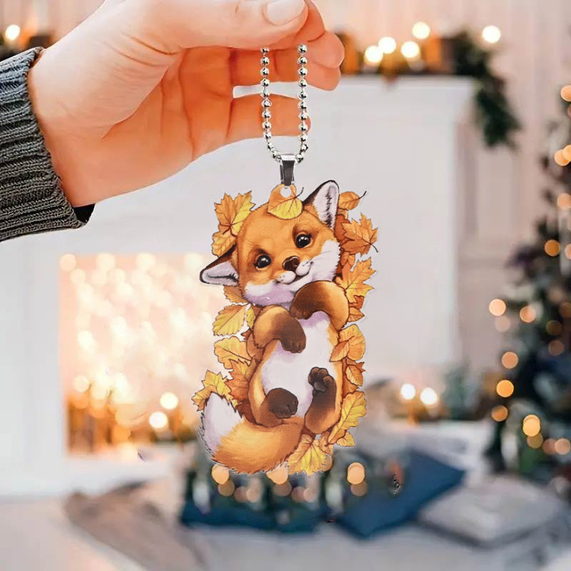 Orange Fox Maple Leaf Pendant Car Mirror Keychain Bag Pendant