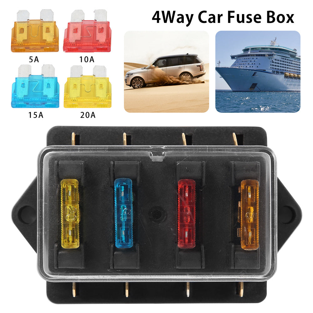 4 Way Car Fuse Block Waterproof Holder with 4 Blades