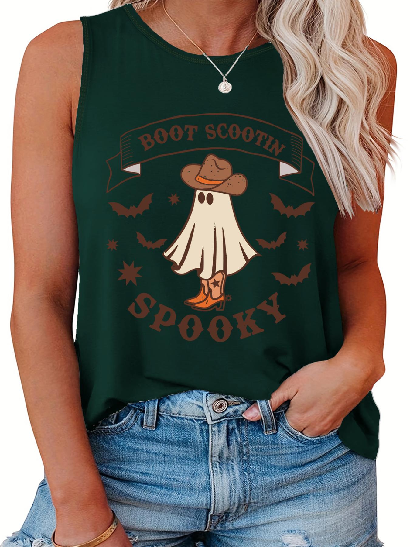  Halloween Casual Tank Top Women's Plus Ghost & Bat Print Vest