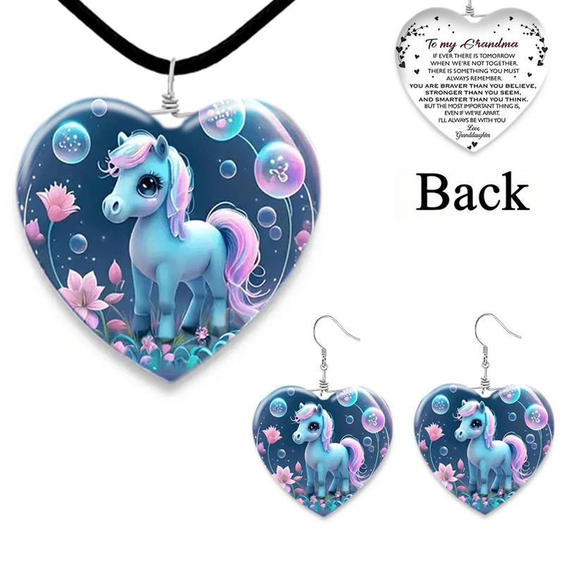 Cartoon Pony Glass Pendant Necklace Earring Set