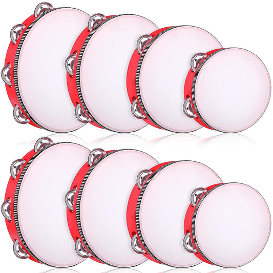 Red Wooden Handheld Tambourine with Single Row Metal Jingles