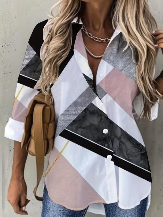  Colorblock Button Up Long Sleeve Blouse