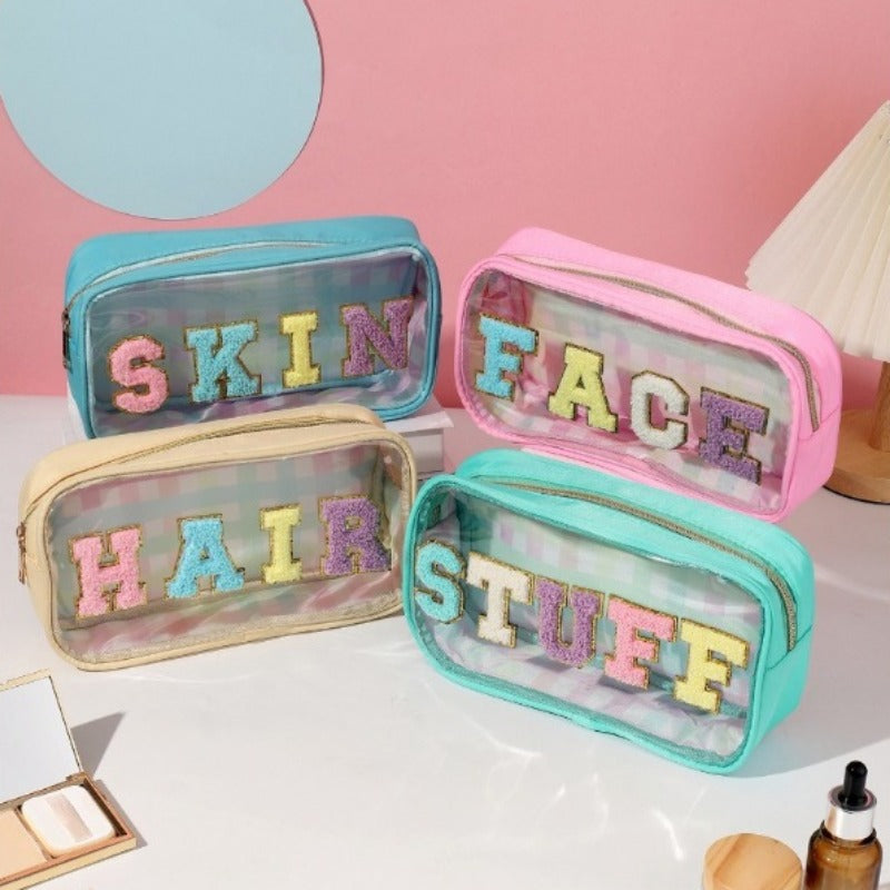 4Pcs Chenille Letter Cosmetic Bag Set Waterproof Makeup Pouch Travel Bag Zipper