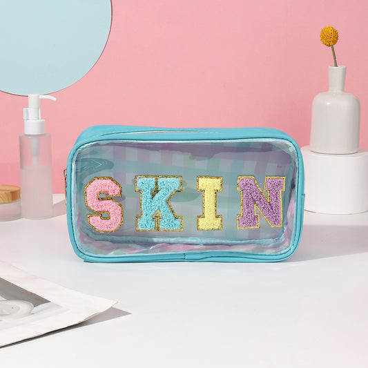 Preppy Makeup Bag With Patches Skin Pouch Chenille Letter