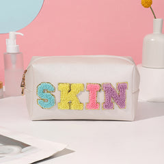 4pcs PU Makeup Bag Chenille Letter Patch Cosmetic Bag Travel Zipper Pouch