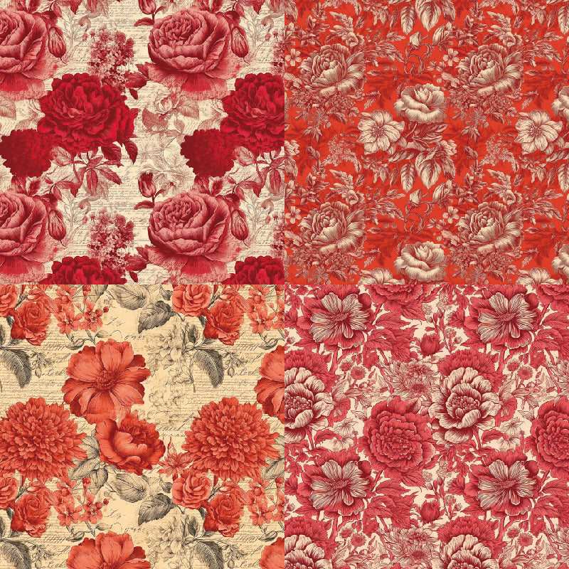 24pcs Red Flowers Theme Scrapbook Paper Pad, Single Sided