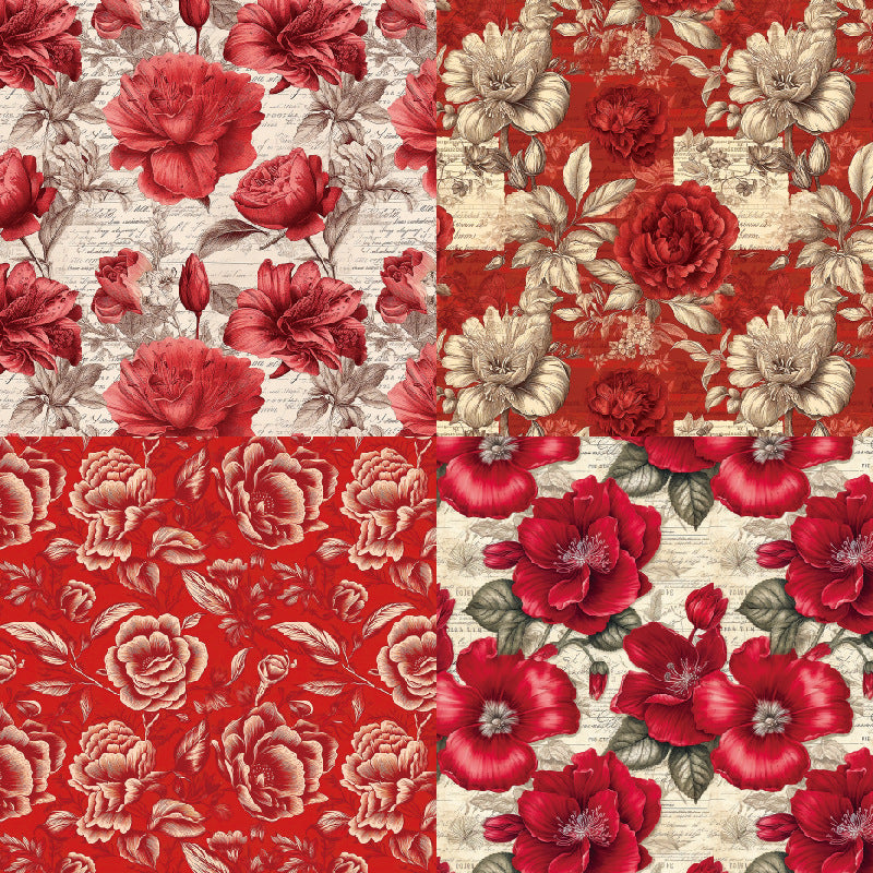 24pcs Red Flowers Theme Scrapbook Paper Pad, Single Sided