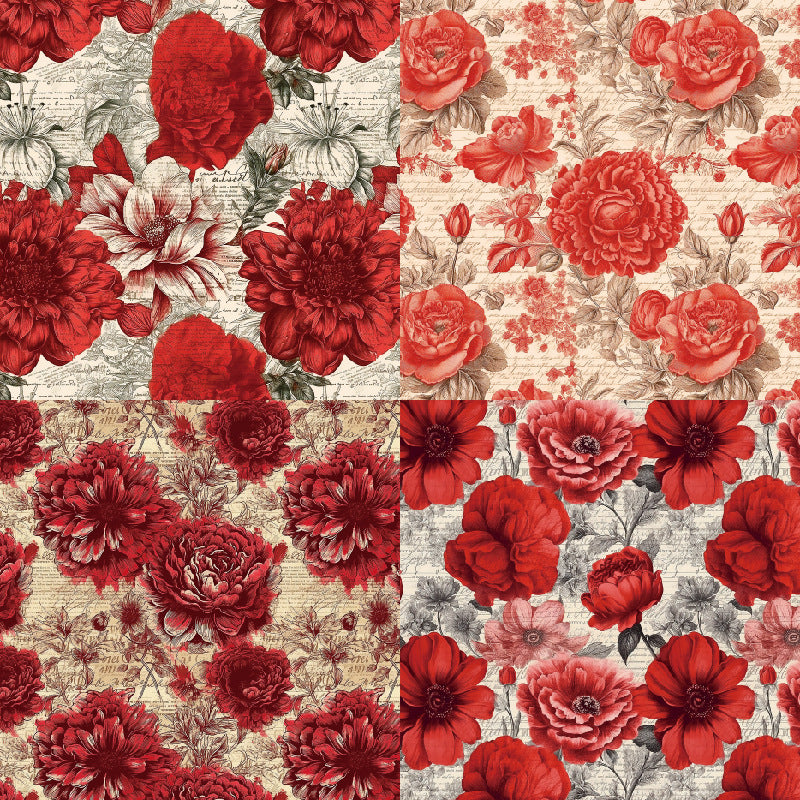 24pcs Red Flowers Theme Scrapbook Paper Pad, Single Sided