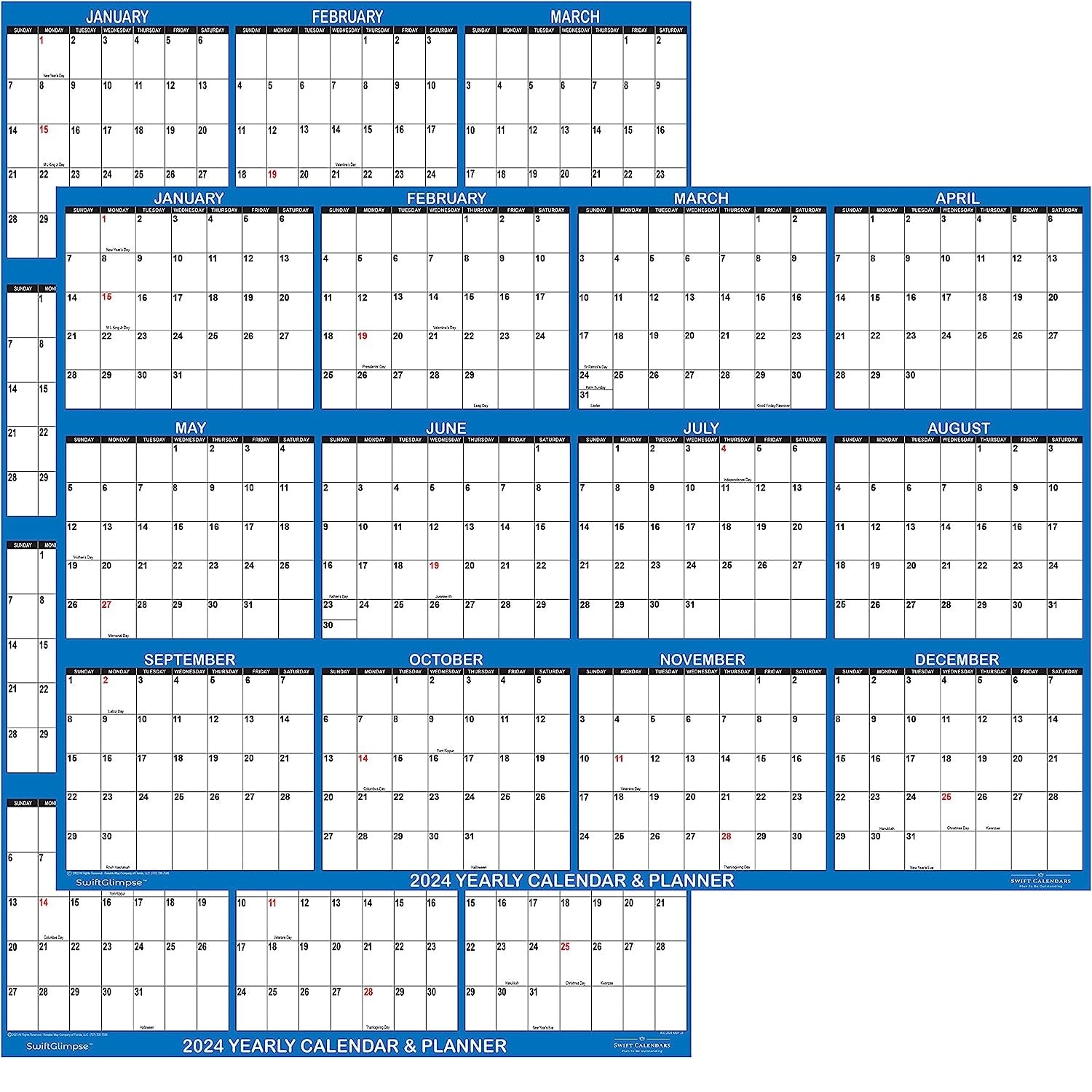 2pcs Dry Erase Wall Calendar 12 Month Annual Yearly Planner Reversible Navy