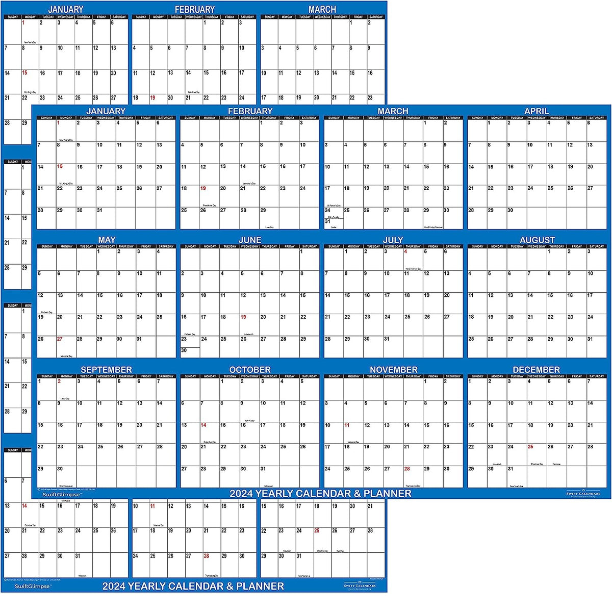 2pcs Dry Erase Wall Calendar 12 Month Annual Yearly Planner Reversible Navy